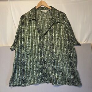 Selene Sport 2X Sheer Green Abstract Blouse Gold Thread Button Front Lightweight